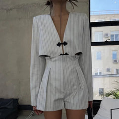 JazzHer Designer Women’s Striped Set Casual Oversized Blazer Two Pieces Set For Women Pullover Long Sleeve Shirt Tops And Shorts