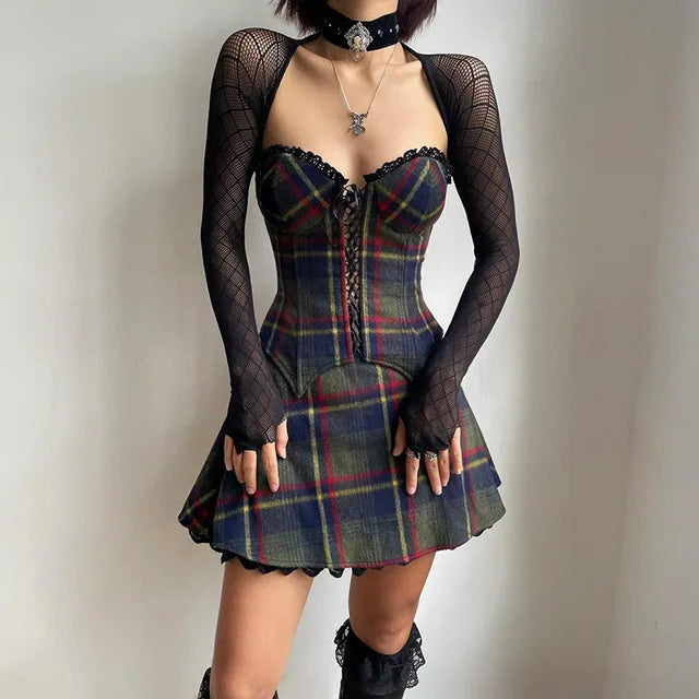 JazzHer Hot Girl Mini Skirt Suit Women’s Sexy Mesh Irregular Crop Top Lace Up Plaid Skirt High Waist Fashion Female Club Outfits