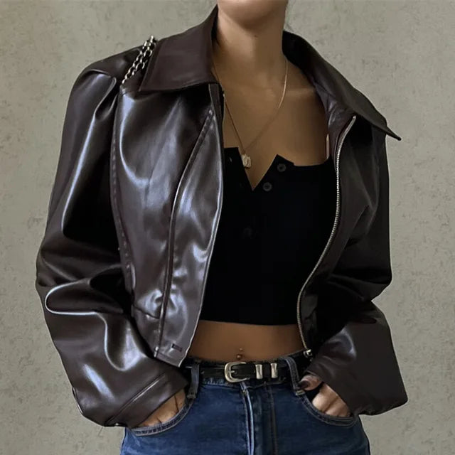 JazzHer 2024 Fall Fashion Zipper Retro PU Jackets Women Winter Casual Solid Temperament Basic Coats Female 2024 Autumn Fashion Leather Jacket Woman