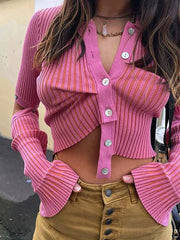 JazzHer 2024 Fall Fashion Pink Single Breasted Sweater Women Knitted Cardigan 2024 Autumn Long Sleeve Slim High Street Pullvers Mujer Y2K Tops