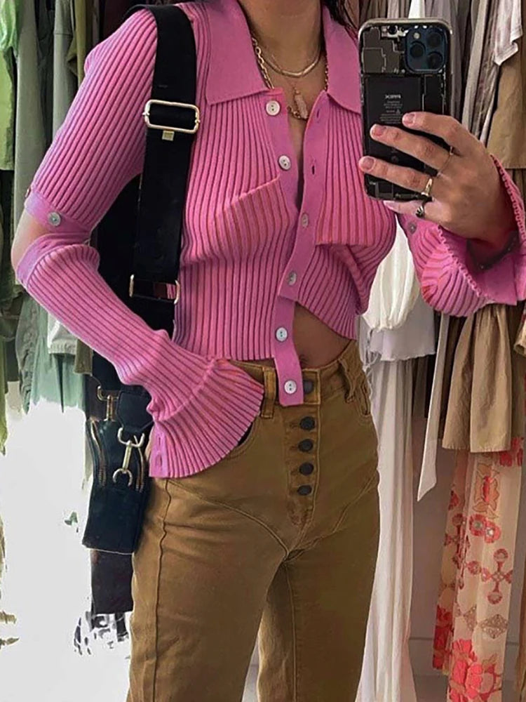 JazzHer 2024 Fall Fashion Pink Single Breasted Sweater Women Knitted Cardigan 2024 Autumn Long Sleeve Slim High Street Pullvers Mujer Y2K Tops