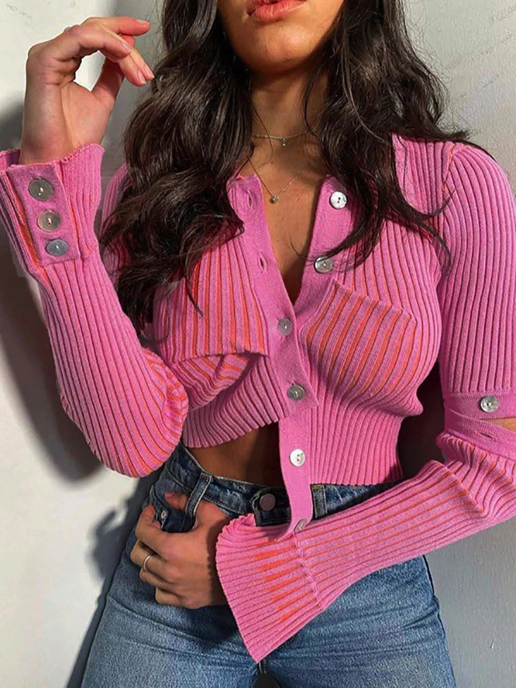 JazzHer 2024 Fall Fashion Pink Single Breasted Sweater Women Knitted Cardigan 2024 Autumn Long Sleeve Slim High Street Pullvers Mujer Y2K Tops