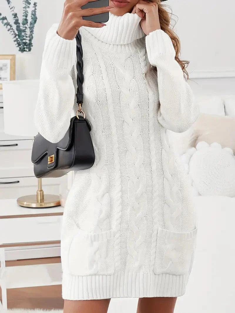 JazzHer Turtle Neck Dual Pocket Cable Knit Sweater Dress