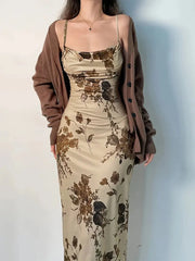 JazzHer Vintage Floral Print Maxi Dress