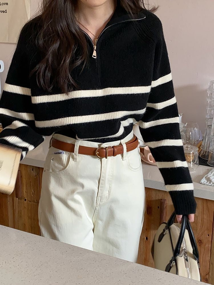 JazzHer 2024 Fall Fashion Lapel Zip Stripe Loose Long Sleeve Pullover Knit Sweater