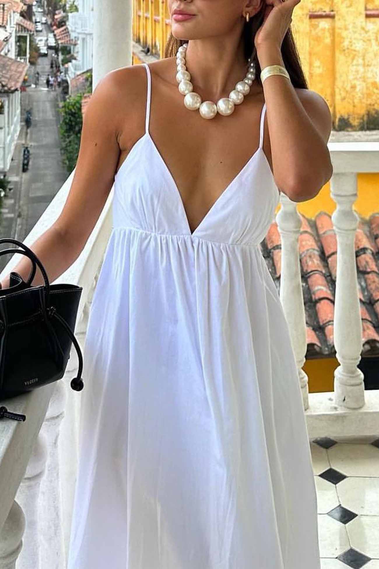 JazzHer White V Neck Backless Cami Midi Dress