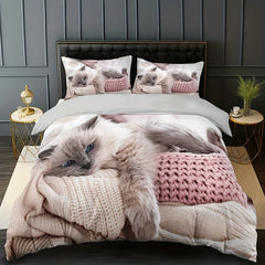 JazzHer 3pcs Lazy Cat Animal Duvet Cover Set Soft Comfortable And Breathable HD Printing Bedding For Home Dorm