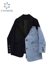 christmas outfit JazzHer Women Vintage Fashion Blazer Denim Patchwork Jackets 2025 Autumn Winter Irregular Coat Women Long Sleeve Loose Korean Outerwear