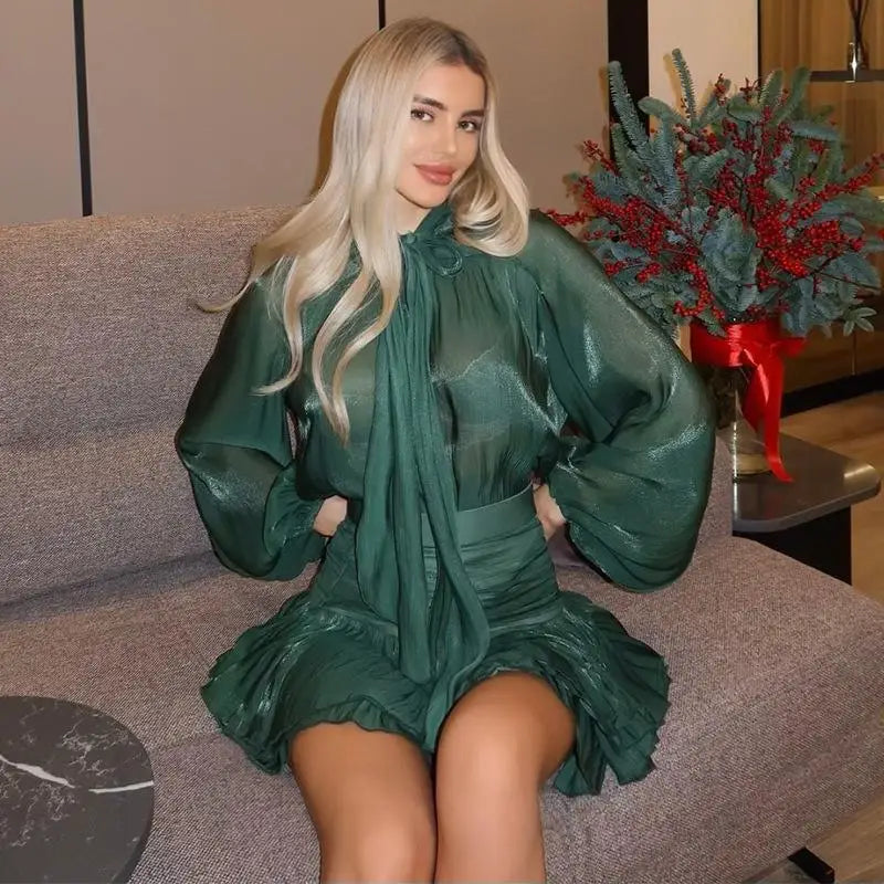 JazzHer Women O-neck Long Lantern Sleeve Blouses High Waist Pleated Skirt Elegant Shinny Bow Lace Up Top Skirts Set 2025 New Lady Outfit
