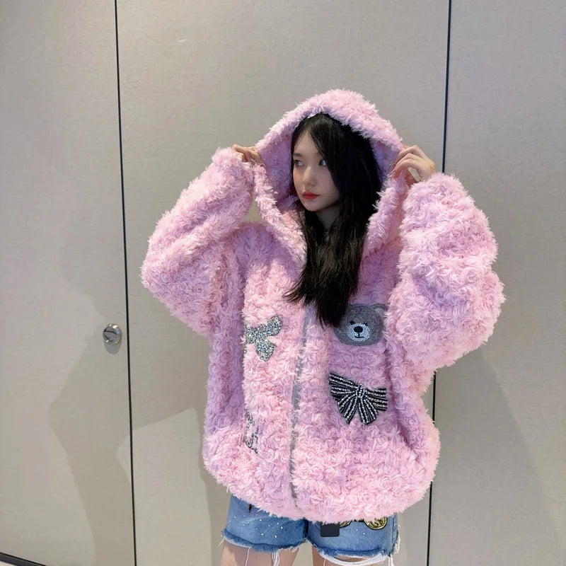 cold weather outfits JazzHer Trendy Brand Cute Pink Rhinestone Bear Jacket With Hoodie Autumn/Winter High Definition Genuine Leather Coat Handmade Embroidery