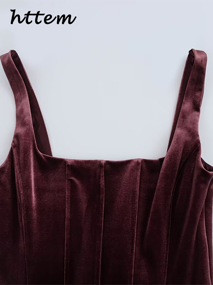 JazzHer Sexy Velvet Mini Party Dress Women Burgundy Square Collar Sleeveless Backless Sling Dresses 2024 Autumn Lady Pleated Vestido New