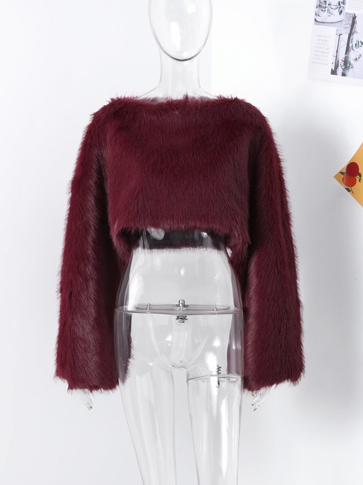 thanksgiving outfit JazzHer Casual Faux Fur Crop Tops Women Loose O-neck Long Lantern Sleeves Short Coats Female 2024 Autumn Winter Thick Warm Outwear Lady