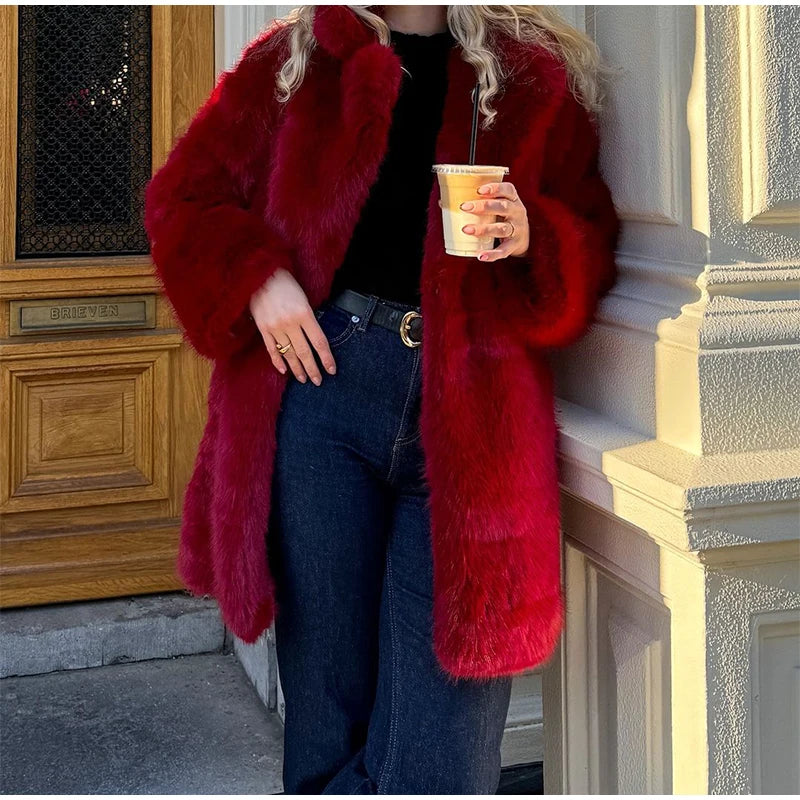 JazzHer Street Women's Red Faux Fur Coats Loose Lapel Long Sleeves Female Fluffy Jacket 2024 Winter Lady Luxury Thicken Furry Overcoats