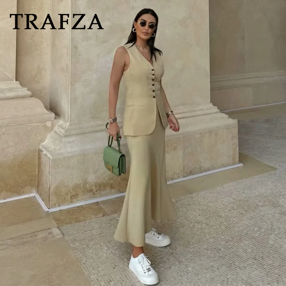 cold weather outfits JazzHer 2024 Spring Summer Casual Women Solid Suits Fashion Vintage V Neck Single Breasted Vests+Chic Elastic Waist Long Skirts