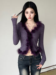JazzHer Aesthetic Streetwear Hotsweet Sweater Women Y2k E-girl Pastel Goth Fur Patchwork Long Sleeve V-neck Knitted Tops Female
