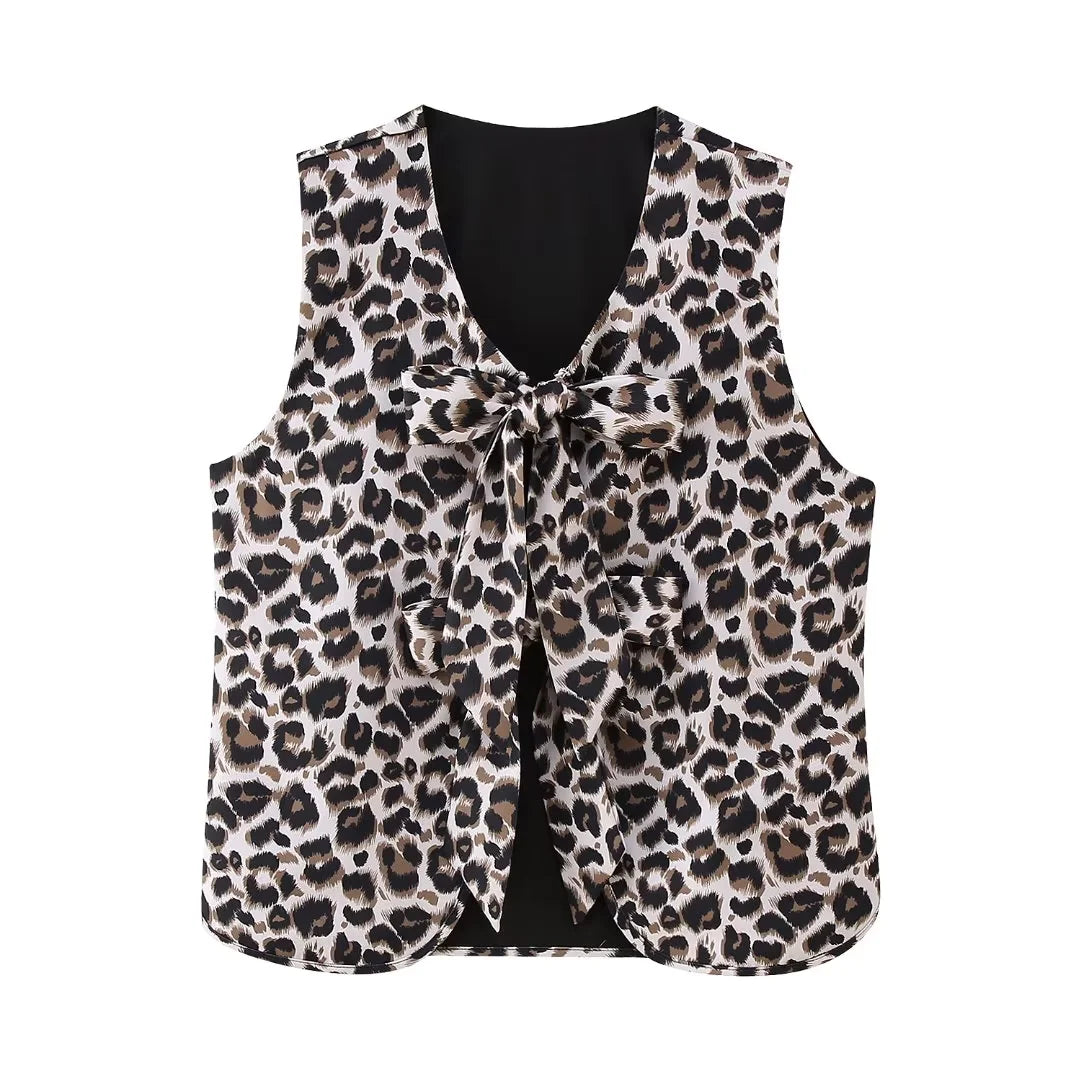 cold weather outfits JazzHer 2024 Spring Summer Casual Leopard Women Vests Fashion Streetwear Lace-up V Neck Open Stitch Chic Short Vests