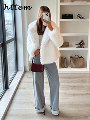 JazzHer Street Women's White Faux Fur Coat Loose Lapel Long Sleeve Female Furry Jacket 2024 Autumn Winter Lady Luxury Plush Overcoat New