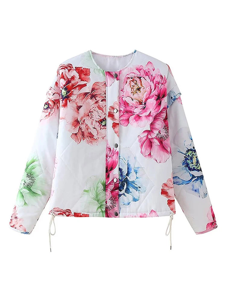 JazzHer Casual Floral Printed Quilted Jacket Women O-neck Button Long Sleeve Drawstring Padded Coats 2024 Autumn Winter Lady Streetwear