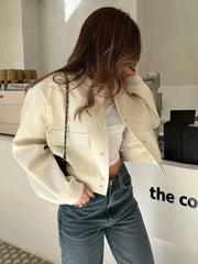 JazzHer Women Fashion With Pockets Bomber Jacket Coats Vintage Long Sleeve Front Button Casual Female Outerwear Chic Tops