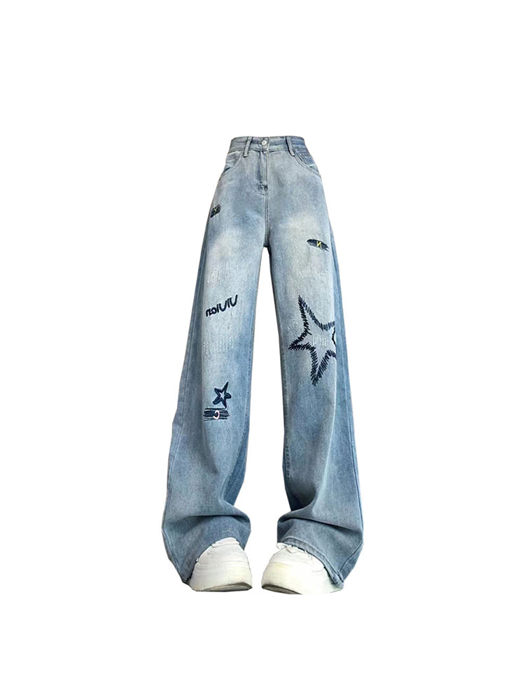 christmas outfit JazzHer Women's Blue Star Jeans Vintage Y2k 90s Aesthetic Denim Trousers Harajuku Baggy High Waist Wide Cowboy Pants Emo 2000s Clothes