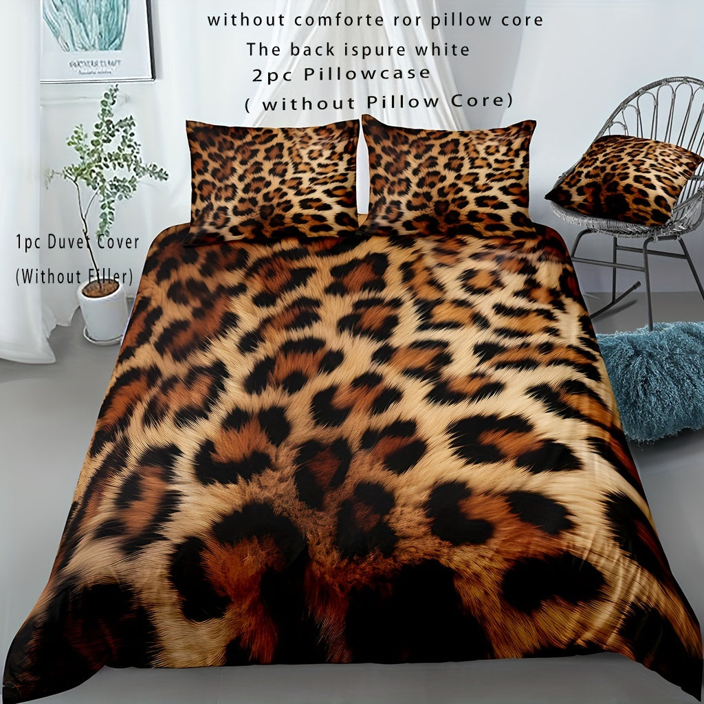 JazzHer 3pcs Animal Pattern Duvet Cover Set Wild Romantic Leopard Tiger Pattern Print Bedding Set, Soft Comfortable Duvet Cover