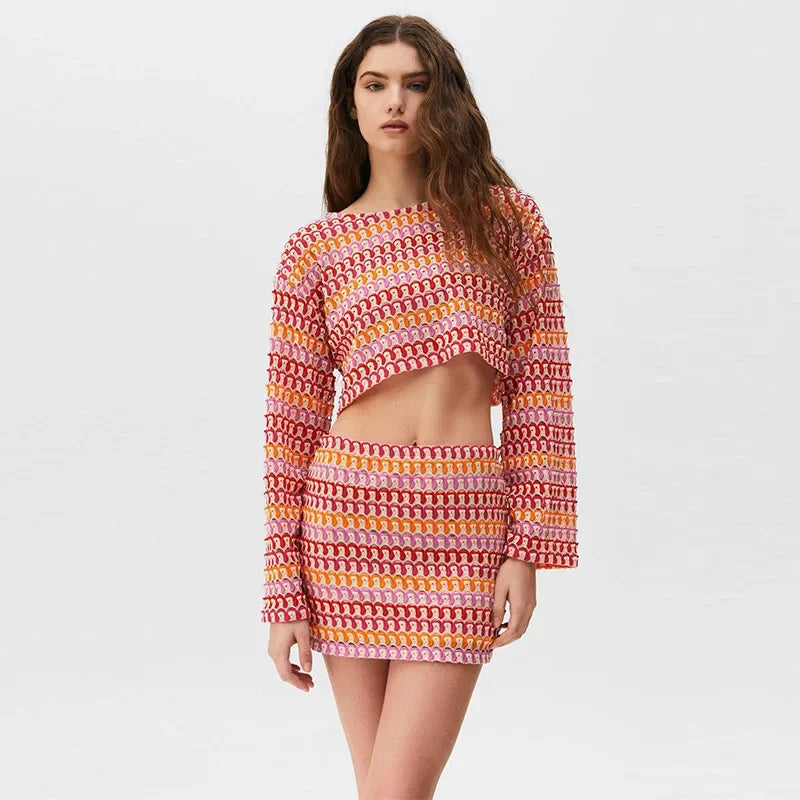 JazzHer Sexy Colorful Striped Printed Crop Top Skirts Set Women O-neck Flare Sleeve Tops Slim Mini Skirt 2024 Summer Lady Streetwear New