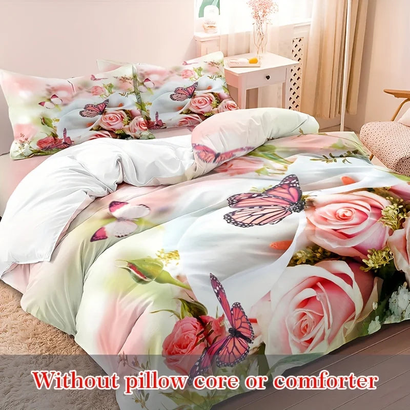 JazzHer 3pcs Duvet Cover Set, Rose Flower Butterfly Printed Bedding Set, Soft Comfortable Breathable Duvet Cover With Pillowcase