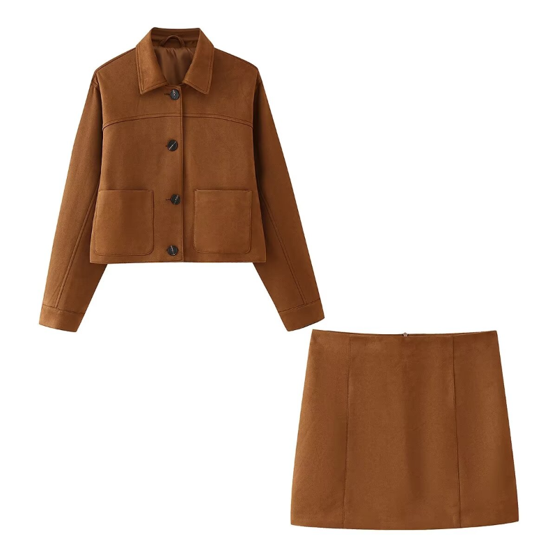 JazzHer Vintage Short Suede Jacket Mini Skirt Set Women Lapel Single Breasted Crop Coat A-line Skirts 2024 Autumn Lady Commute Outfit