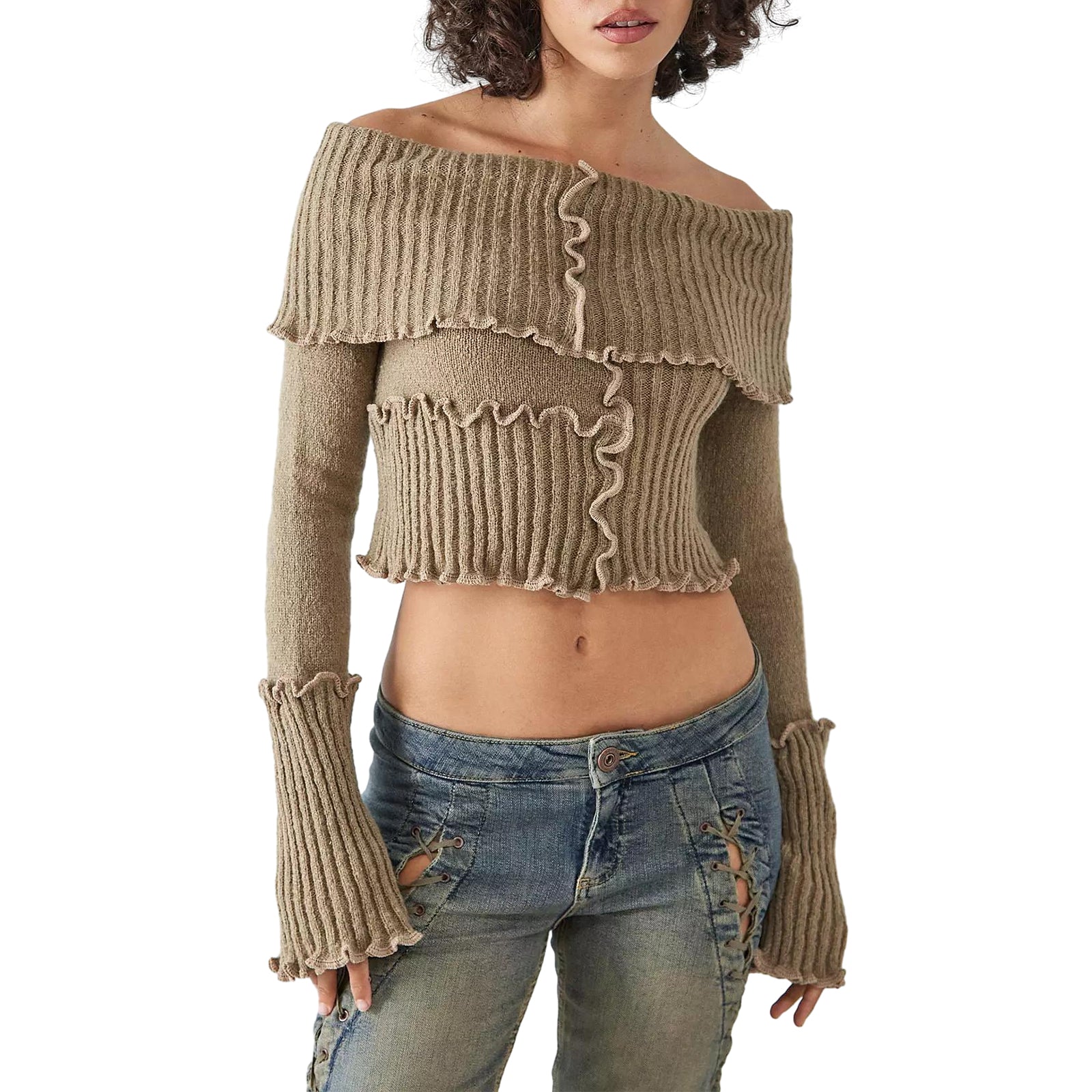 thanksgiving outfit JazzHer Women s Off-Shoulder Cropped Tops Ribbed Knit Long Sleeve Lettuce Edge Trims Sweater Slim Fitted Y2K Knitwear