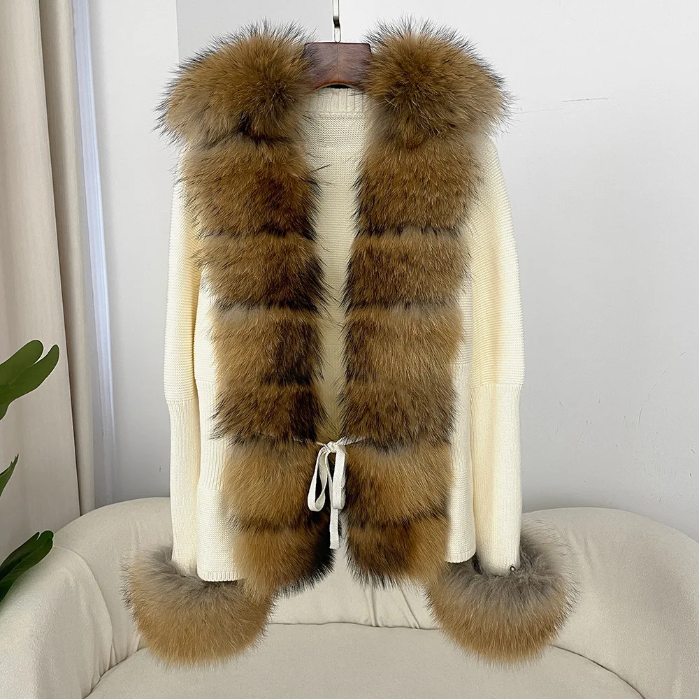 cold weather outfits JazzHer Autumn/winter New Arrival Detachable Real Fox Fur Placket Sleeve Opening Knitted Top Leather Jacket V-neck Pullover