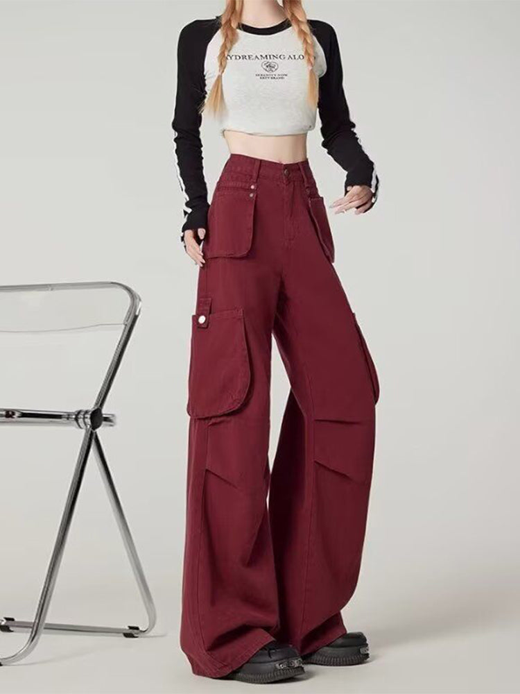 christmas outfit JazzHer Women Wine Red Y2k Cargo Jeans Harajuku Baggy Denim Trouser Vintage Japanese 2000s Style Oversize Jean Pants Trashy Clothes 2025