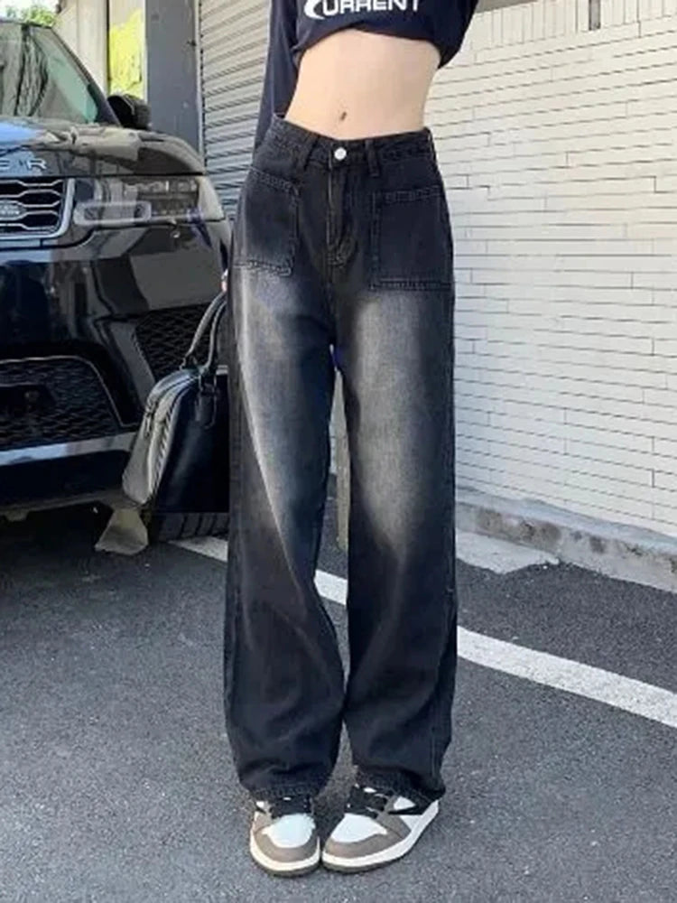 JazzHer Vintage Jeans Women Y2K High Street Loose High Waist Wide Leg Denim Pants Korean Casual Streetwear Straight Denim Trousers