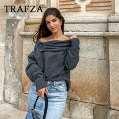 cold weather outfits JazzHer 2024 Autumn Winter Women Casual Dropped Knitted Sweaters Fashion Slash Neck Solid Thick Warm Elegant Chic Sweaters