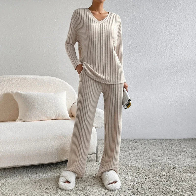 thanksgiving outfit JazzHer Casual Knitted Ribbed Pants Sets Women Solid Loose V Neck Long Sleeve Pullover Long Trousers 2024 Autumn New in Matching Outfits