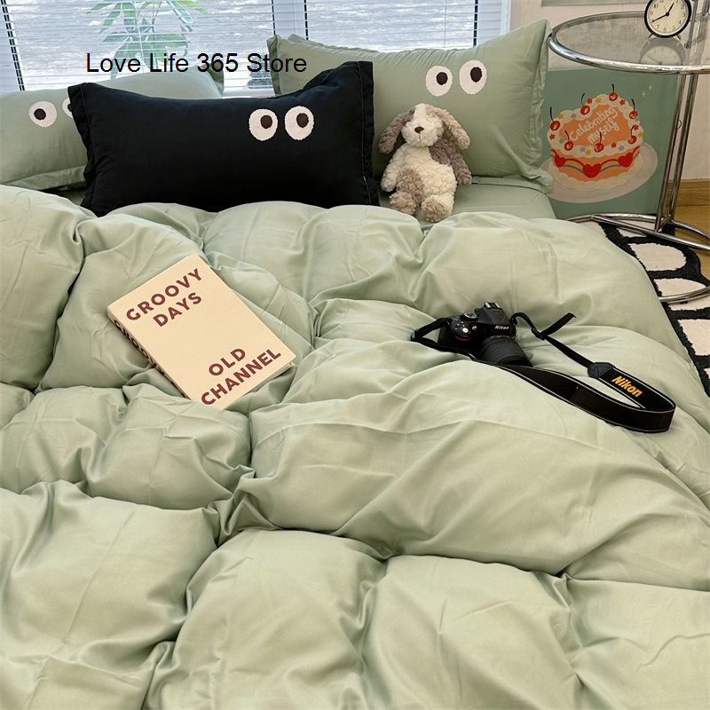 JazzHer Ins Grey Cartoon Big Eye Solid Color Bedding Set Girls Boys Double Size Flat Sheet Duvet Cover Pillowcase Bed Linen Home Textile