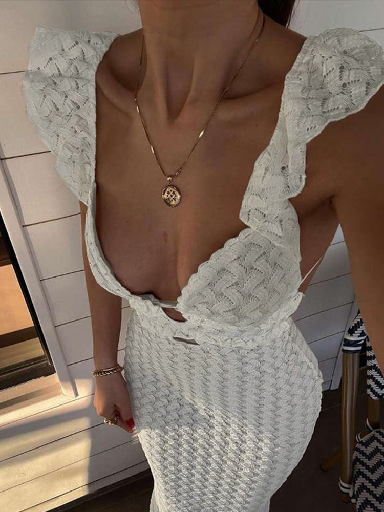 JazzHer Sexy Knitted Long Dress Women V-neck Slim Sleeveless Hollow Out Strap Female Party Dresses 2024 Summer White Holiday Beach Robe