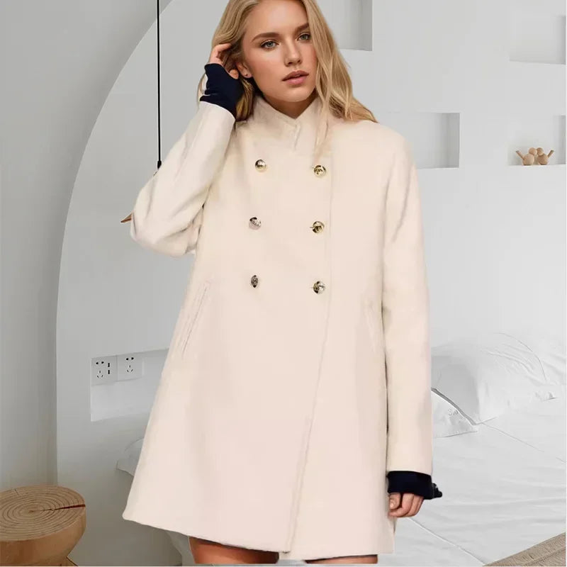 JazzHer Elegant Women's Woolen Pea Coats Loose Stand Collar Double Breasted Full Sleeve Female Jacket 2024 Autumn Winter Lady Overcoat