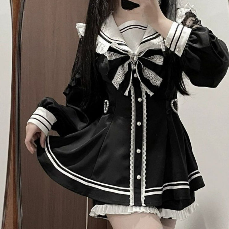 JazzHer Y2K Lolita Bow Dress Shorts Set Women Japanese Gothic Slim Mini Dress Vintage Sweet Long Sleeve Button Shirt Party Dresses