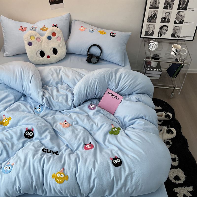 JazzHer Korean Style Fresh Bedding Set Water Washed Cotton Cute Towel Embroidered Duvet Covers, Bed Sheets, Dormitory