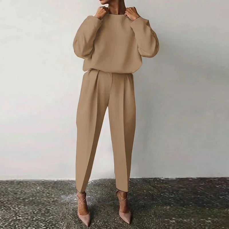 thanksgiving outfit JazzHer Casual Solid Pullover pants Set Women O Neck Wide Full Sleeve Top Leg High Waist Trousers Female 2024 Fashion Autumn Suit Lady