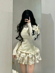 JazzHer 2025 Autumn Winter Elegant 2 Piece Skirt Set Women Casual Sexy Bow Slash Nece Knitted sweater + Y2k Sweet Skirt Office Lady Suit