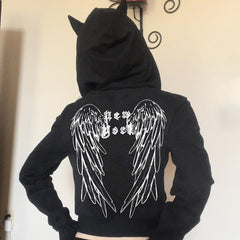 JazzHer Hipster High Street Devil Horned Wings Print Y2K Vintage hooded loose hoodie Dark Spice Street nifty Zipper Casual Slim coat emo