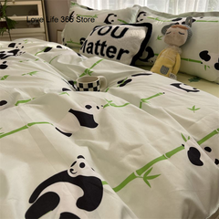 JazzHer Chinese Cute Panda Bedding Set Cartooon Bamboo Pattern Quilt Cover Sheets Full Size For Kids Adults Home Textile Soft Polyester