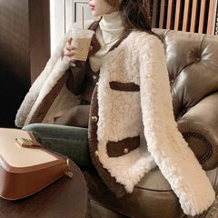 cold weather outfits JazzHer French Style Cropped Tweed Jacket Women's Autumn/Winter 2024 New Lamb Wool Padded Fleece Top Genuine Leather Coat