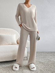 thanksgiving outfit JazzHer Casual Knitted Ribbed Pants Sets Women Solid Loose V Neck Long Sleeve Pullover Long Trousers 2024 Autumn New in Matching Outfits