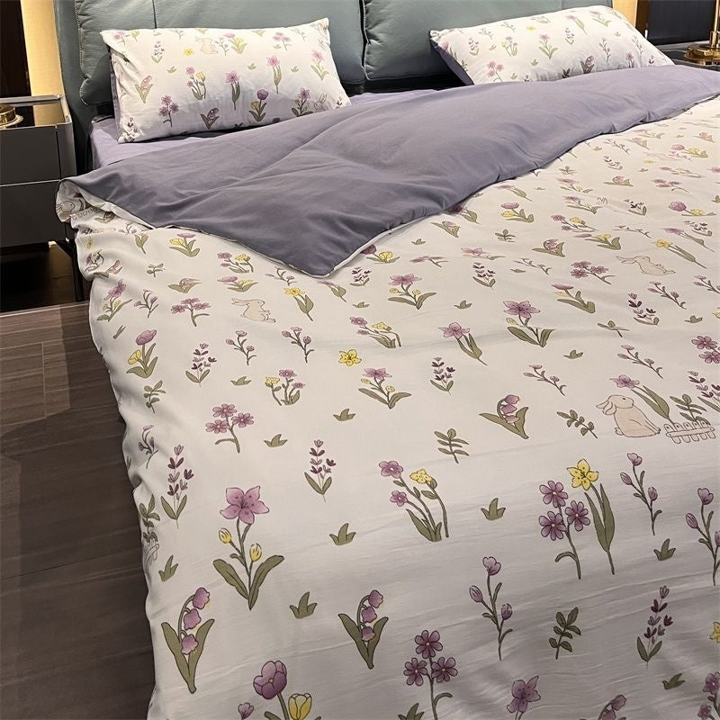 JazzHer Ins Purple Flower Bedding Set Washed Cotton Bed Sheet Pillowcase Quilt Cover Simple Kids Adult Floral Duvet Cover No Filler