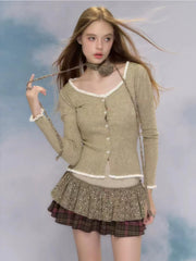 JazzHer 2025 Autumn Vintage 2 Piece Skirt Set Women Casual Slim Sweater Cardigan + Y2k Retor Mini Cake Skirt Fashion Skirt Suits Female
