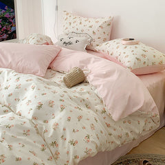 JazzHer Floral Bedding Set Ins Lilac Duvet Cover with Zipper No Filler Flat Sheet Pillowcase Twin Full Queen Size Girls Bed Linens