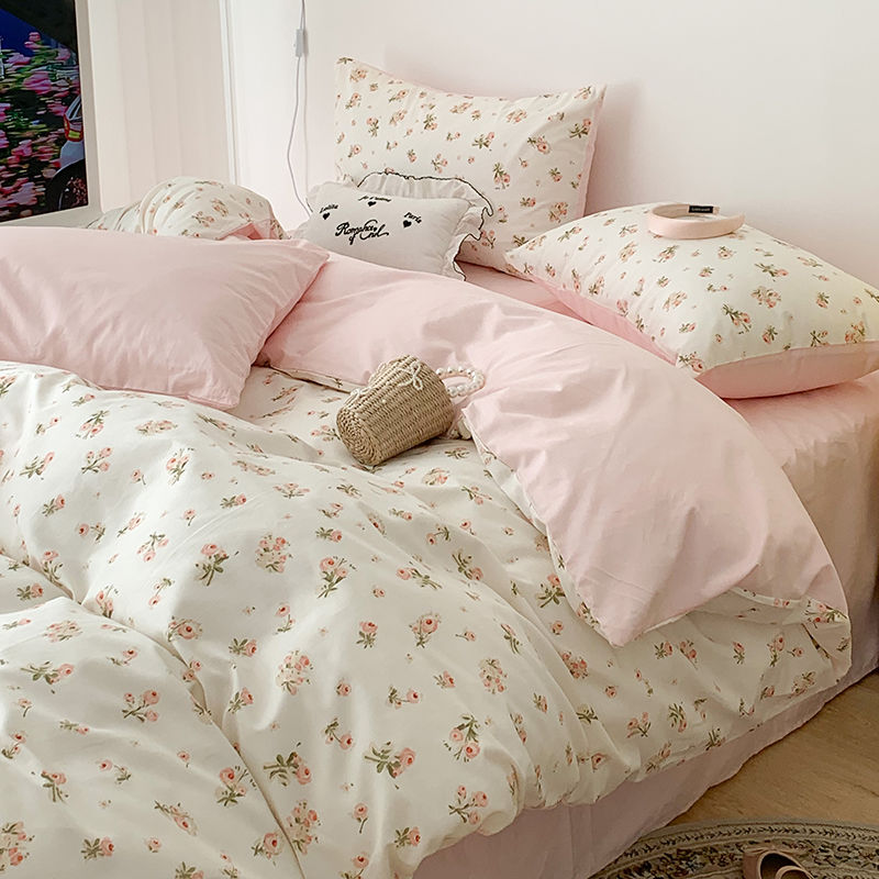 JazzHer Pink Floral Bedding Set Soft Ins Single Double Queen Size Duvet Cover Flat Sheet Pillowcase Girls Home Totel Bed Linens