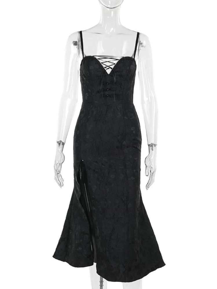 JazzHer Fairycore Sexy Black Party Dress Women Dark Gothic Elegant Aesthetic Lace-up Spaghetti Strap High Waist Jacquard Dress